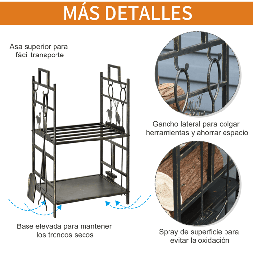 Outsunny Suporte para Lenha de Ferro Forjado de 2 Níveis com 4 Ferramentas para Interior e Exterior 51,5x33x77 cm Preto e Dourado
