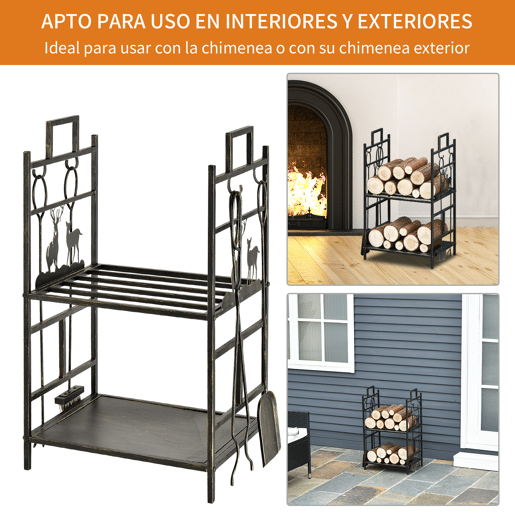 Outsunny Suporte para Lenha de Ferro Forjado de 2 Níveis com 4 Ferramentas para Interior e Exterior 51,5x33x77 cm Preto e Dourado