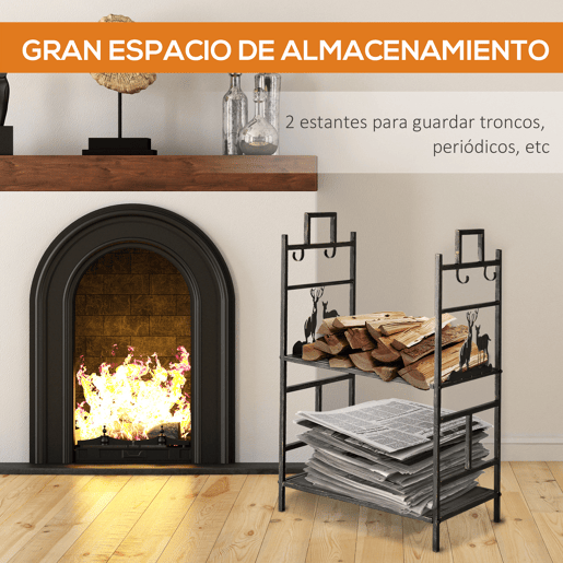 Outsunny Suporte para Lenha de Ferro Forjado de 2 Níveis com 4 Ferramentas para Interior e Exterior 51,5x33x77 cm Preto e Dourado