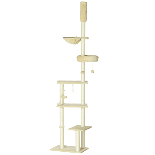 PawHut Arranhador para Gatos do Solo ao Teto de 230-250 cm Arranhador para Gatos com Altura Ajustável Múltiplas Plataformas Rede Bolas Suspensas Bege