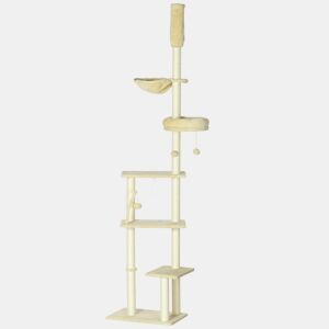 PawHut Arranhador para Gatos do Solo ao Teto de 230-250 cm Arranhador para Gatos com Altura Ajustável Múltiplas Plataformas Rede Bolas Suspensas Bege