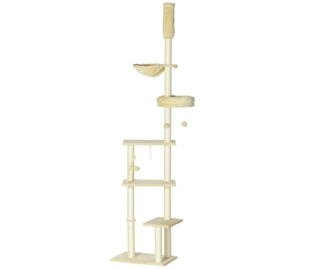 Pawhut árbol para gatos de suelo a techo de 230-250 cm árbol rascador para gatos con altura ajustable múltiples plataformas cestos hamaca bolas