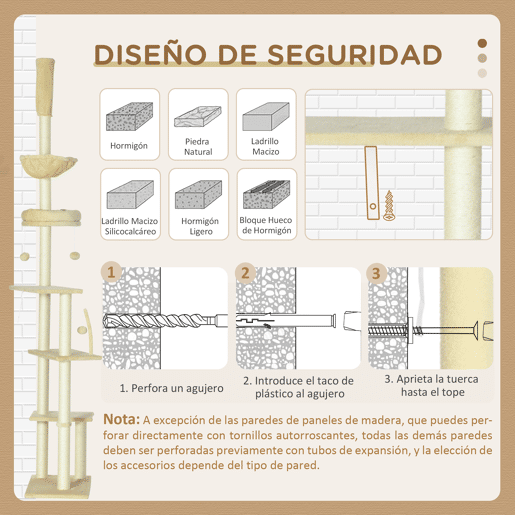 PawHut Arranhador para Gatos do Solo ao Teto de 230-250 cm Arranhador para Gatos com Altura Ajustável Múltiplas Plataformas Rede Bolas Suspensas Bege