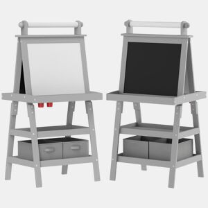 AIYAPLAY Quadro infantil Cavalete de Pintura Infantil 3 em 1 Quadro Magnético Dupla Face com Rolo de Papel e Cestos de Arrumação Cinzento