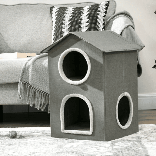 PawHut Casa para Gatos de 2 Níveis Cama para Gatos Caverna para Gatos com 3 Portas e Almofadas Laváveis 42x46x59,5 cm Cinza