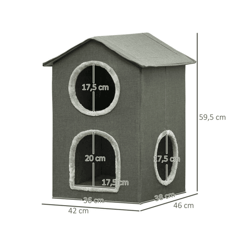PawHut Casa para Gatos de 2 Níveis Cama para Gatos Caverna para Gatos com 3 Portas e Almofadas Laváveis 42x46x59,5 cm Cinza