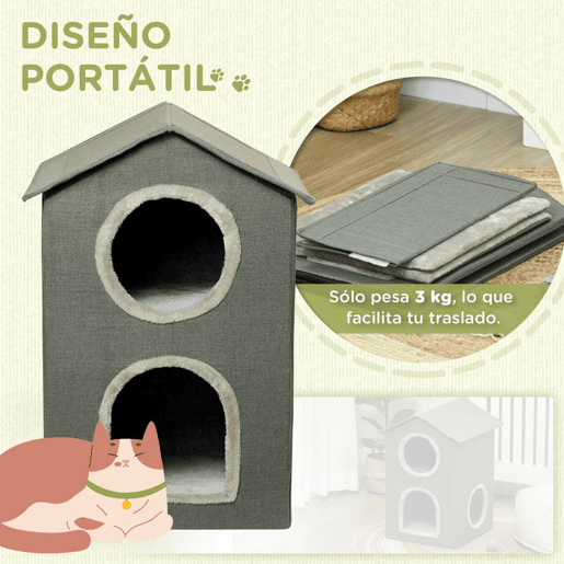 PawHut Casa para Gatos de 2 Níveis Cama para Gatos Caverna para Gatos com 3 Portas e Almofadas Laváveis 42x46x59,5 cm Cinza
