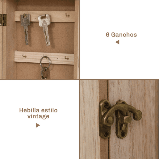 HOMCOM Armário para Chaves de Parede Armário de Madeira para Chaves com 6 Ganchos Estilo Vintage 20x6,5x26,5cm Madeira