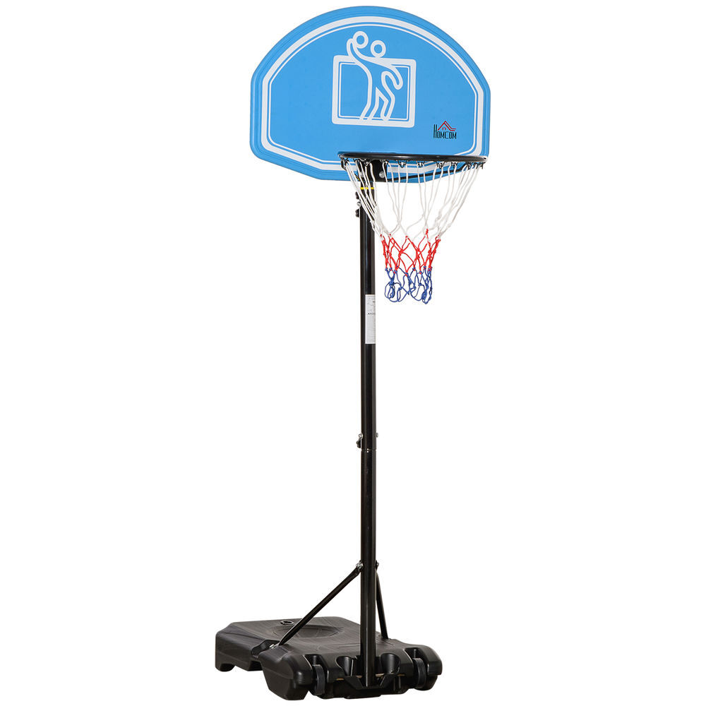 Homcom canasta de baloncesto para exterior, altura ajustable 160-210 cm, canasta de baloncesto portátil con tablero de pe, ruedas y base rellenable con ranura, para adolescentes y adultos, azul