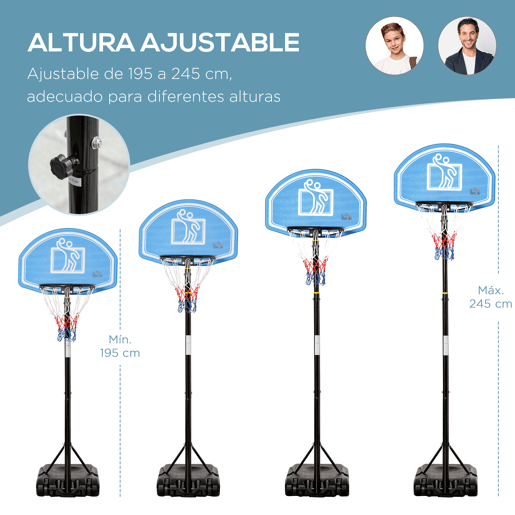 HOMCOM Tabela de Basquetebol para Exterior com Altura Ajustável 160-210cm Cesta de Basquetebol com Rodas Tabela de PE e Base Recarregável 76x70x197,5-254cm Preto e Azul