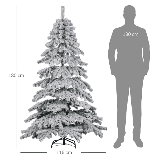 HOMCOM Árvore de Natal Ø116x180 cm Neve Artificial com 627 Pontas de PVC Base Dobrável e Suporte de Metal Decoração de Natal para Interiores Verde e Branco