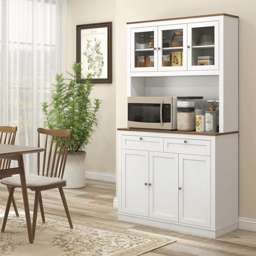 HOMCOM Armário de Cozinha Móvel Auxiliar de Cozinha com 3 Portas de Vidro Compartimento Aberto 2 Gavetas e Prateleiras Ajustáveis 100x40x180 cm Branco
