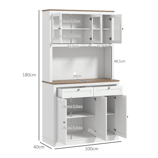HOMCOM Armário de Cozinha Móvel Auxiliar de Cozinha com 3 Portas de Vidro Compartimento Aberto 2 Gavetas e Prateleiras Ajustáveis 100x40x180 cm Branco