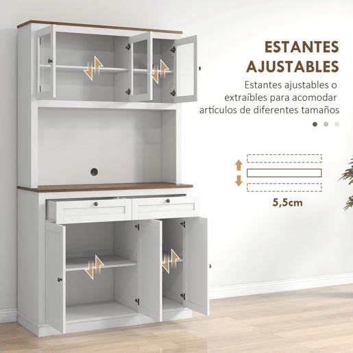 HOMCOM Armário de Cozinha Móvel Auxiliar de Cozinha com 3 Portas de Vidro Compartimento Aberto 2 Gavetas e Prateleiras Ajustáveis 100x40x180 cm Branco