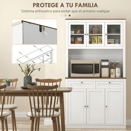 HOMCOM Armário de Cozinha Móvel Auxiliar de Cozinha com 3 Portas de Vidro Compartimento Aberto 2 Gavetas e Prateleiras Ajustáveis 100x40x180 cm Branco