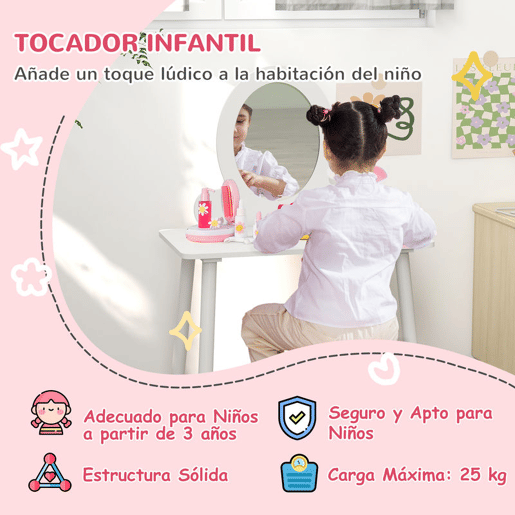 AIYAPLAY Toucador para Crianças com Banco Toucador de Maquilhagem para Crianças acima de 3 Anos Toucador Infantil com Espelho Branco