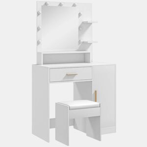 HOMCOM Toucador de Maquilhagem com Banco Mesa de Maquilhagem com Espelho LED Gavetas Prateleira Ajustável e Prateleiras Abertas para Dormitório Sala de Estar Branco