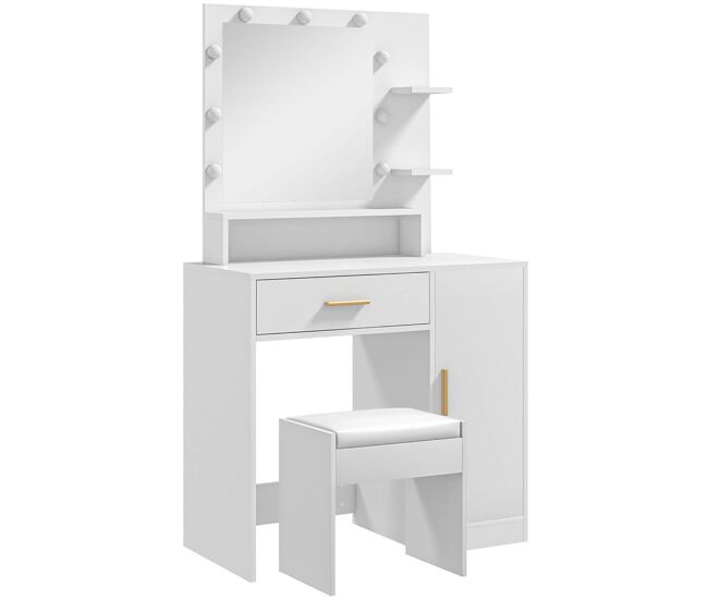 Homcom tocador de maquillaje con taburete mesa de maquillaje con espejo led cajones estante ajustable y estantes abiertos para dormitorio sala de estar blanco