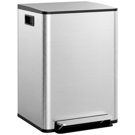 HOMCOM Balde de Lixo de Cozinha com 2 Compartimentos 2x30L Cubo de Lixo de Aço Inoxidável com Pedal Fechamento Suave e Cubo Amovível para Escritório Cozinha Prata