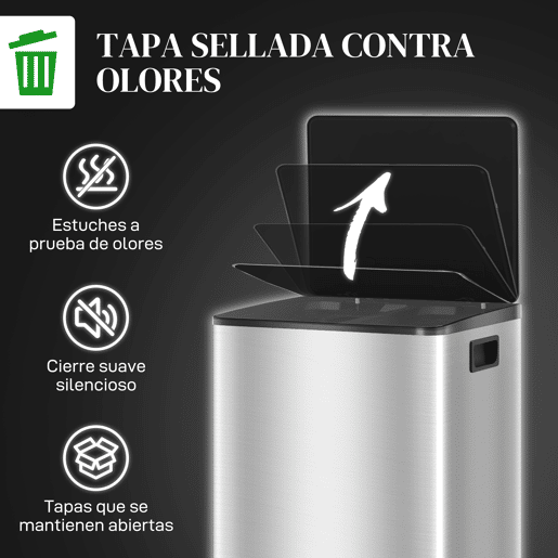 HOMCOM Balde de Lixo de Cozinha com 2 Compartimentos 2x30L Cubo de Lixo de Aço Inoxidável com Pedal Fechamento Suave e Cubo Amovível para Escritório Cozinha Prata