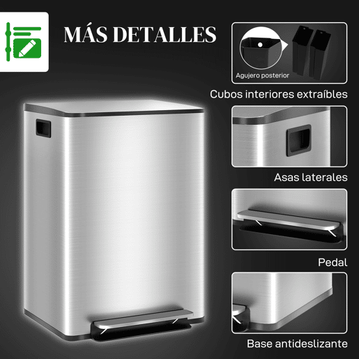 HOMCOM Balde de Lixo de Cozinha com 2 Compartimentos 2x30L Cubo de Lixo de Aço Inoxidável com Pedal Fechamento Suave e Cubo Amovível para Escritório Cozinha Prata