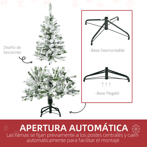 HOMCOM Árvore de Natal Artificial 120cm com Neve Ignífugo com 200 Ramos Folhas de PVC Base Dobrável e Suporte Metálico Decoração de Natal para Interiores Verde