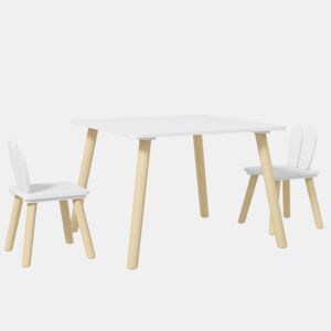AIYAPLAY Conjunto de Mesa Infantil e 2 Cadeiras Mesa Infantil com Costas de Cadeiras com Orelhas de Coelho Mesa Infantil para Quarto de Bebé Sala de Jogos Branca