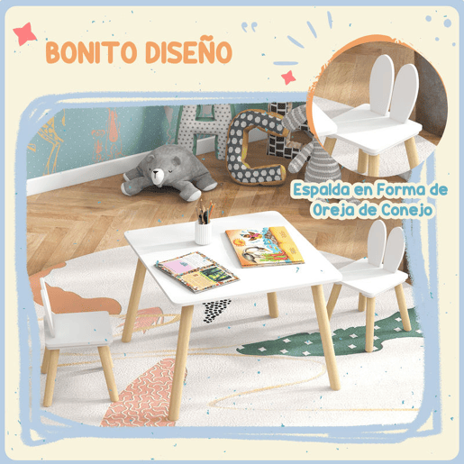 AIYAPLAY Conjunto de Mesa Infantil e 2 Cadeiras Mesa Infantil com Costas de Cadeiras com Orelhas de Coelho Mesa Infantil para Quarto de Bebé Sala de Jogos Branca