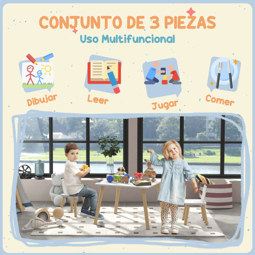 AIYAPLAY Conjunto de Mesa Infantil e 2 Cadeiras Mesa Infantil com Costas de Cadeiras com Orelhas de Coelho Mesa Infantil para Quarto de Bebé Sala de Jogos Branca