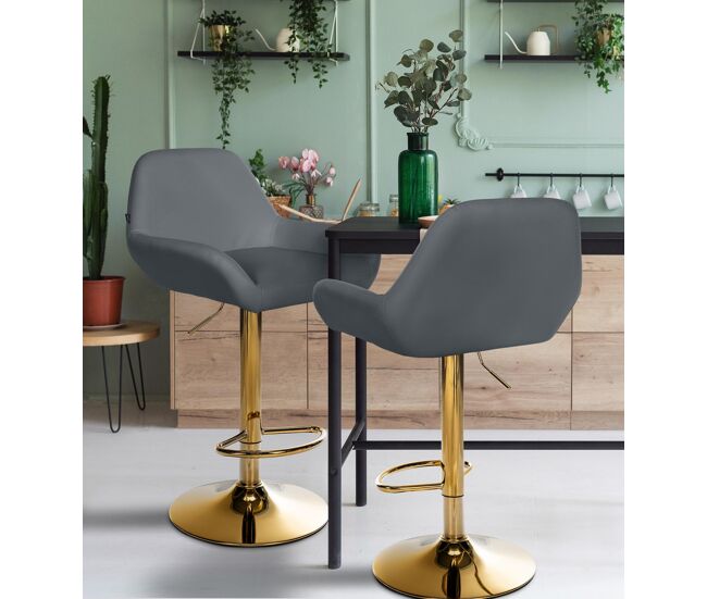 Set de 2 taburetes de bar braga en polipiel con base dorada simil cuero gris 52x51x89 cm