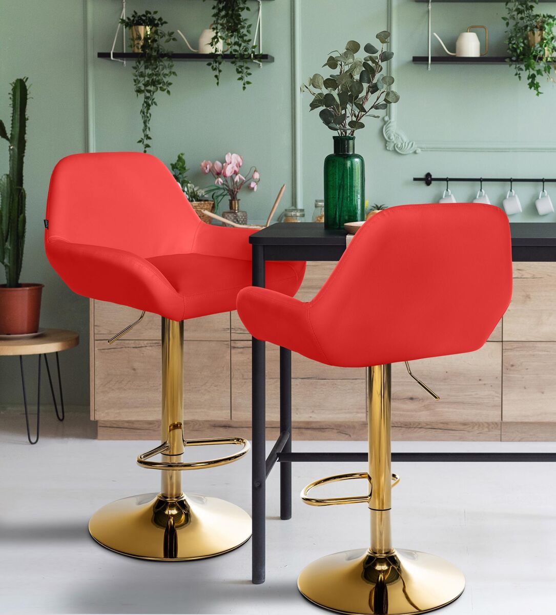 Set de 2 taburetes de bar braga en polipiel con base dorada simil cuero rojo 52x51x89 cm