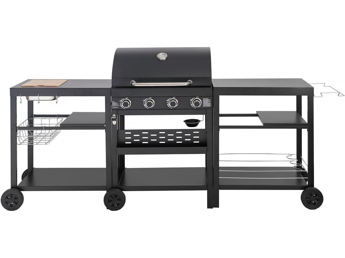 Cocina exterior con barbacoa de gas de 4 quemadores y 2 mesas