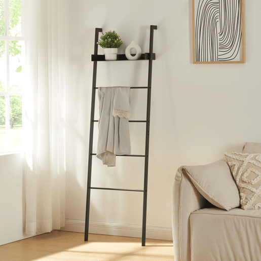 Toalheiro escada Øksnes com prateleira em aço 160x50x27,5cm - Preto en.casa