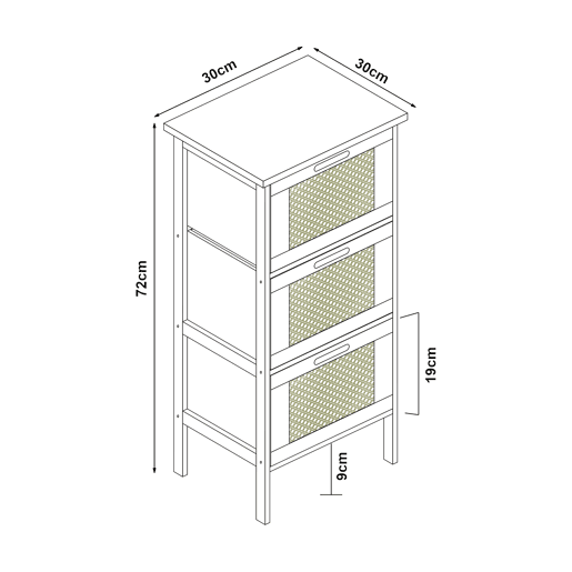 Cómoda Tervola com 3 gavetas 72x30x30 cm - PretoNatural en.casa