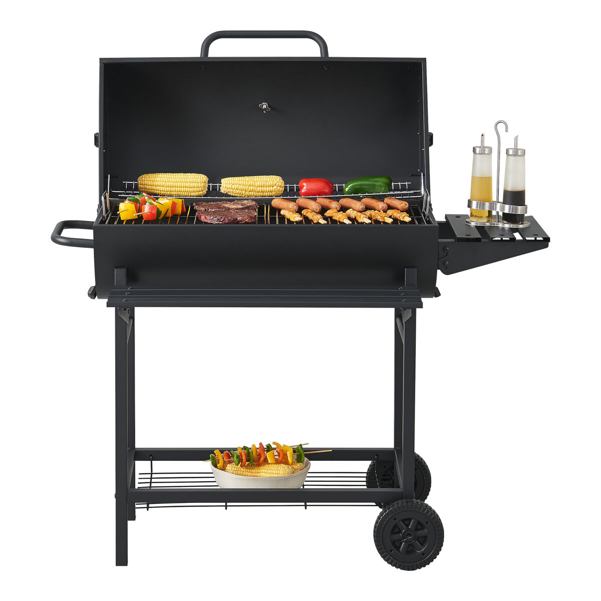 Barbacoa de carbón armento con 2 ruedas termómetro acero - negro [casa.pro]