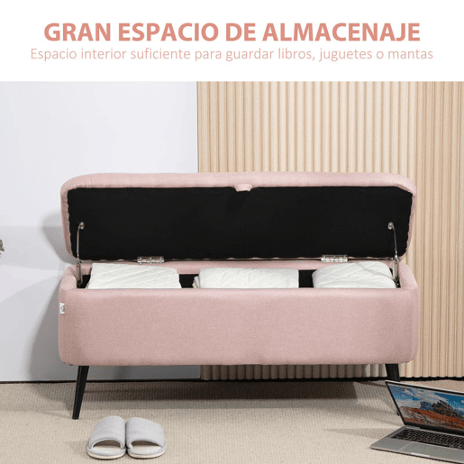 HOMCOM Banco de Armazenamento Estofado em Linho com Tampa Abatível e Pés de Aço para Dormitório Sala de Estar Entrada Carga Máxima 150kg 101x38,5x44,5 cm Rosa