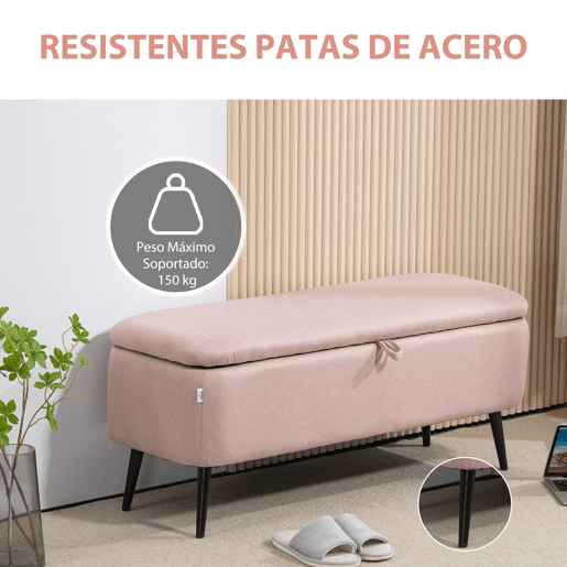 HOMCOM Banco de Armazenamento Estofado em Linho com Tampa Abatível e Pés de Aço para Dormitório Sala de Estar Entrada Carga Máxima 150kg 101x38,5x44,5 cm Rosa