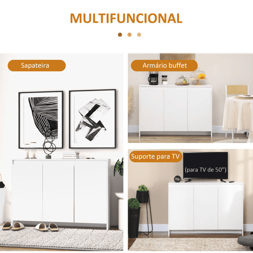 HOMCOM Aparador de Cozinha Moderno com 3 Portas Prateleiras Ajustáveis u200Bu200Be Suporte para TV com Fecho suave 120x35x85 cm Branco