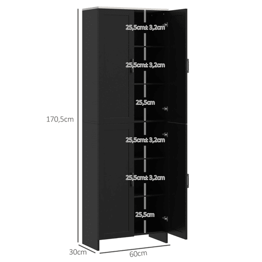 HOMCOM Aparador de 4 Portas, Armário Estreito para Sala, Cozinha ou Entrada com Prateleiras Ajustáveis, 60x30x171 cm, Preto