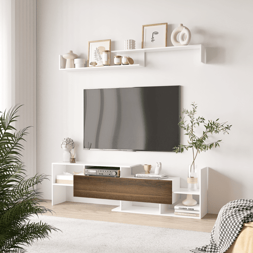 HOMCOM Móvel de TV Moderno Móvel de Sala de Estar para Televisores 153,6x25x42 cm e Prateleira de Parede 150x14,5x16,3 cm Branco e Marrom HOMCOM Móvel de TV Moderno Móvel de Sala de Estar para Televisores 153,6x25x42 cm e Prateleira de Parede 150x14,5x16,3 cm Branco e Marrom