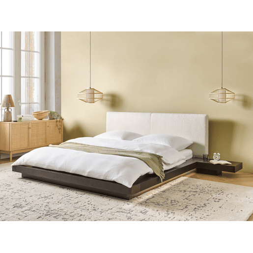 Cama com LED Bouclé ZEN 160 x 200 cm LED Madeira escura de freixo