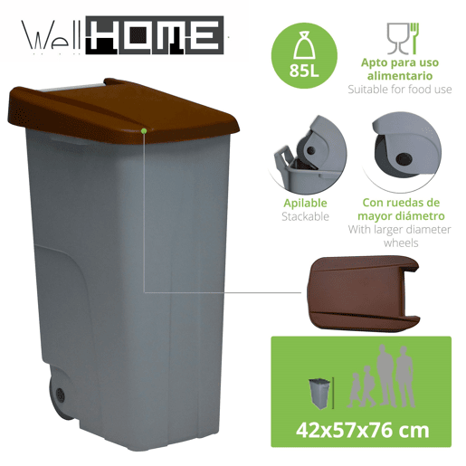 WELL HOME Contentor Fechado 85L Castanho Alt.76cm+10 sacos de lixo 100L