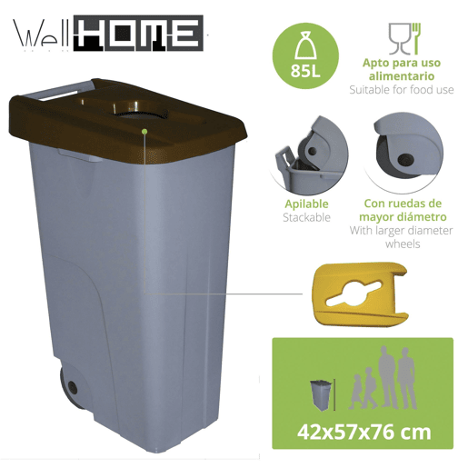 WELL HOME Recipiente Aberto 85L Marrom Alt.76cm+10 sacos de lixo 100L