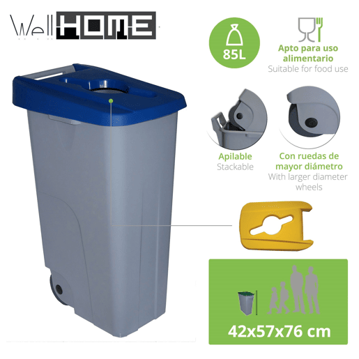 WELL HOME Recipiente Aberto 85L Azul Alt.76cm+10 sacos de lixo de 100L
