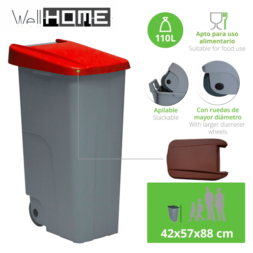 WELL HOME Contentor Fechado 110L Vermelho Alt.88cm+10 sacos de lixo 120L