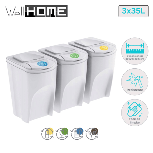 WELL HOME Conjunto de 3 lixeiras-lixeira, branco sujo, 3x35L