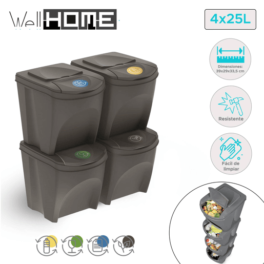 WELL HOME Conjunto de 4 caixotes do lixo - caixote do lixo cinzento 4x25L