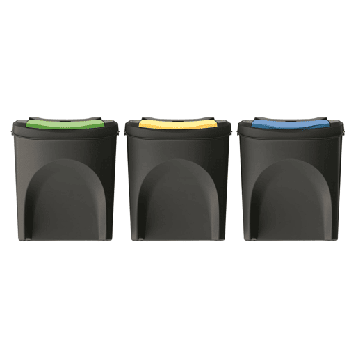 WELL HOME Conjunto de 3 latas de lixo 100% plástico reciclado, preto, 3x25L