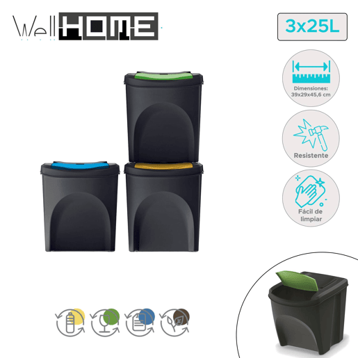 WELL HOME Conjunto de 3 latas de lixo 100% plástico reciclado, preto, 3x25L