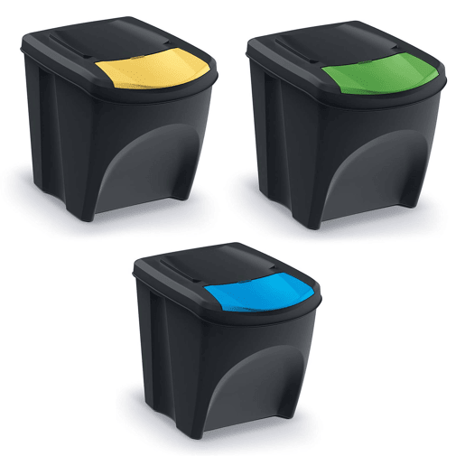 WELL HOME Conjunto de 3 latas de lixo 100% plástico reciclado, preto, 3x25L